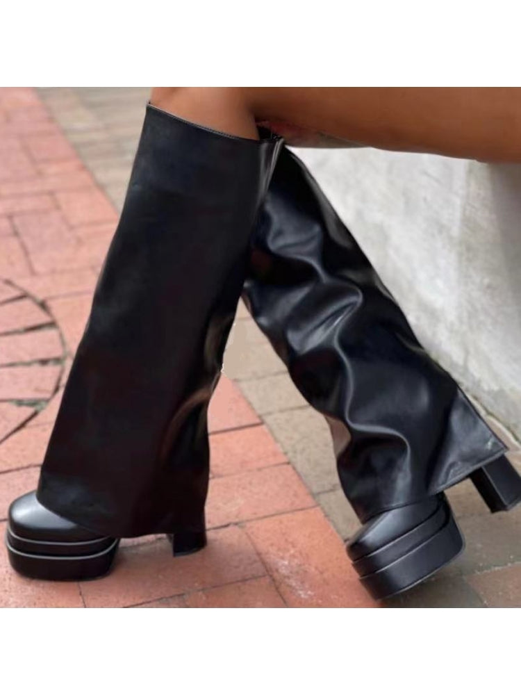 Square Toe Chunky Heel Knee High Platform Boots