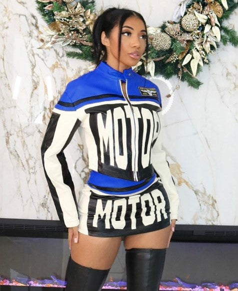 MOTOR Letter Pattern Jacket 2pc Skirt Set