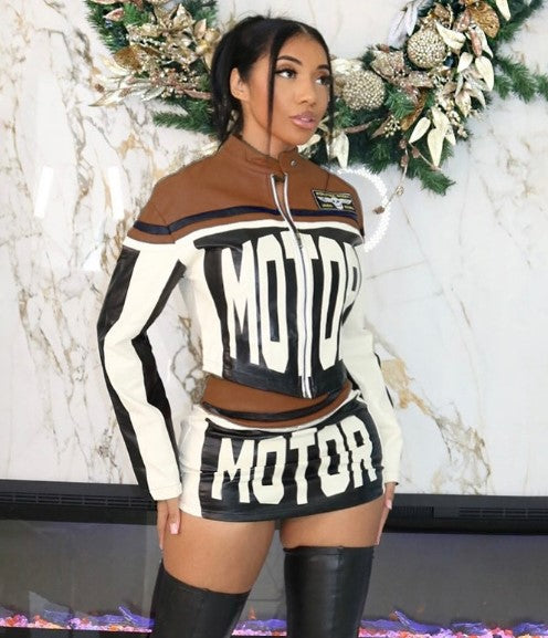 MOTOR Letter Pattern Jacket 2pc Skirt Set