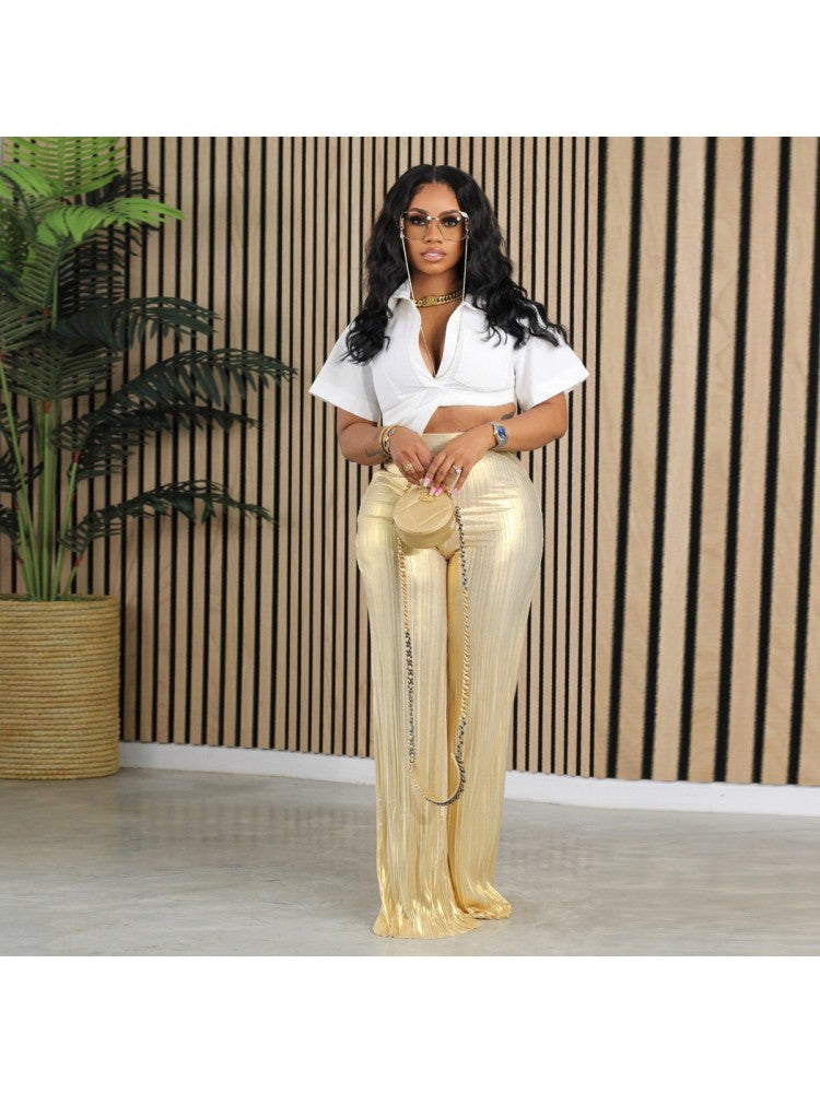 High Rise Metallic Wide Leg Pants