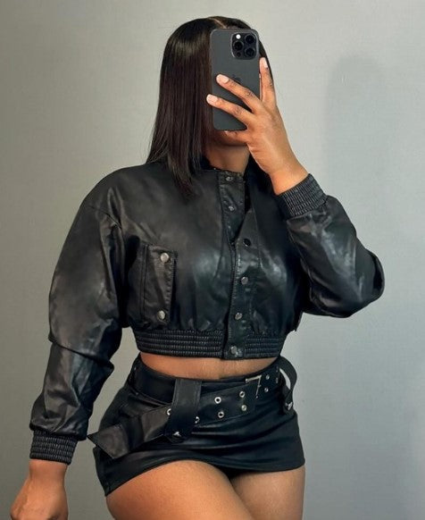 Leather Baseball Jacket Belt Buckle Skirt Set